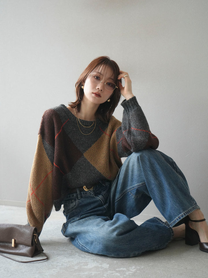 [SET]配色ステッチアーガイル柄ニットプルオーバー+配色ステッチアーガイル柄ニットプルオーバー(2set)
