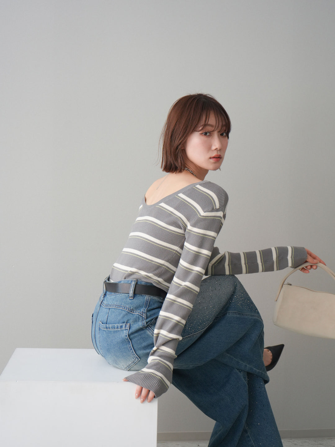 [予約]バックオープンテレコリブマルチボーダートップス/gray