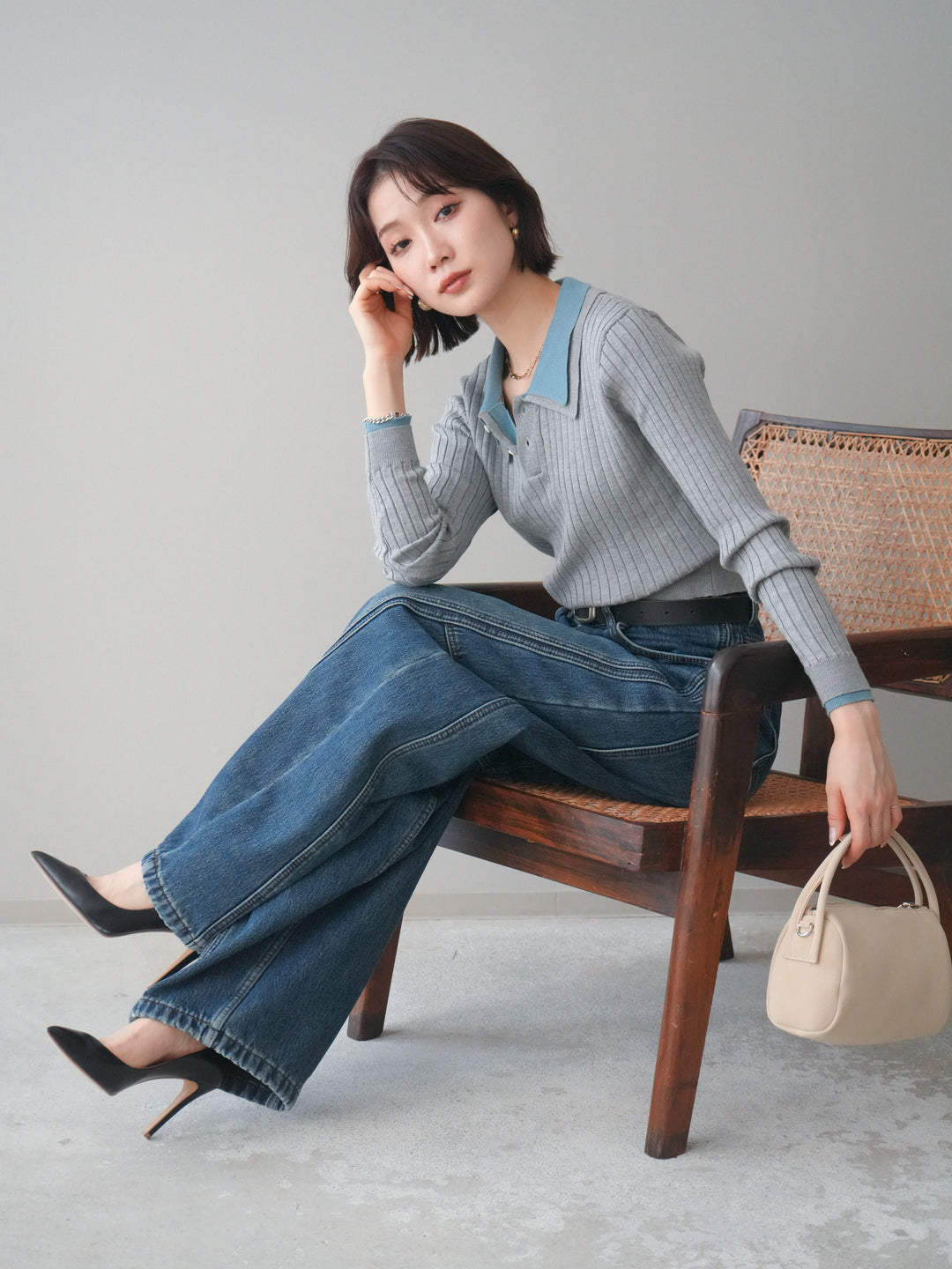 [予約]ダブル襟ポロリブニットトップス/gray