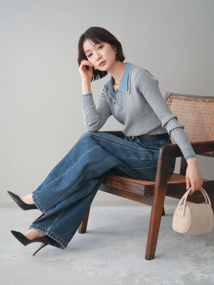 [予約]ダブル襟ポロリブニットトップス/gray