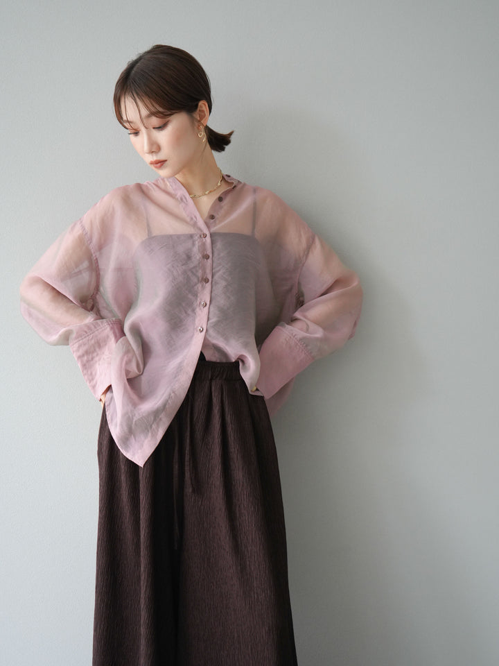 [SET] 亮面透視立領襯衫 + 柳葉寬褲 (2set)