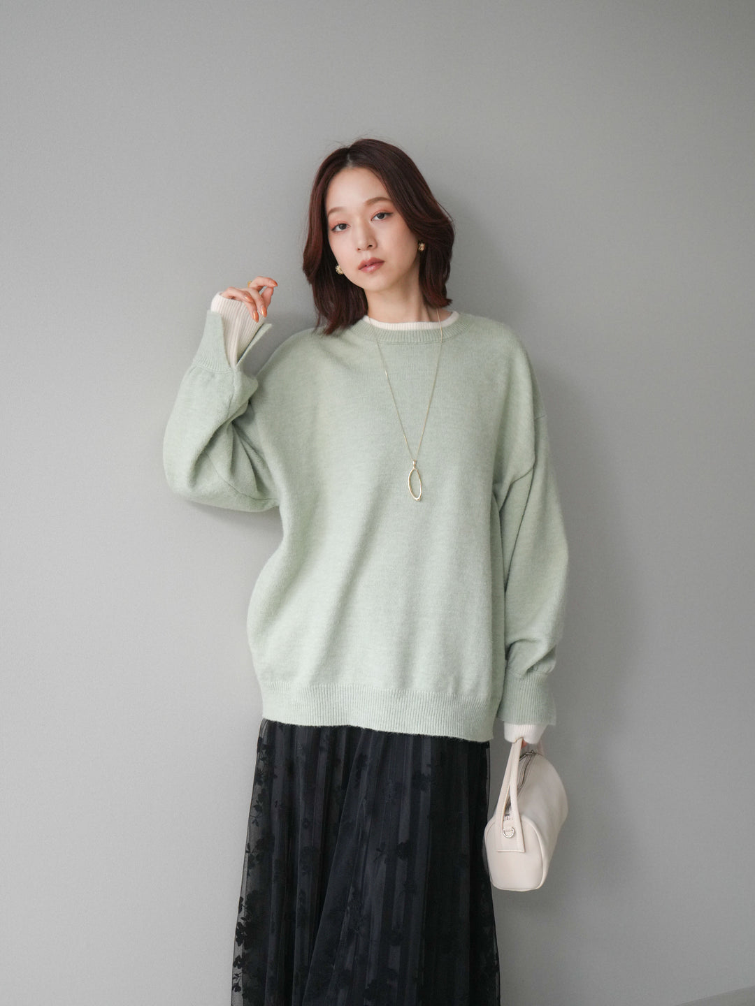 [SET]ヘンリーネック配色レイヤードニットプルオーバー+フラワーフロッキーチュールプリーツスカート(2set)