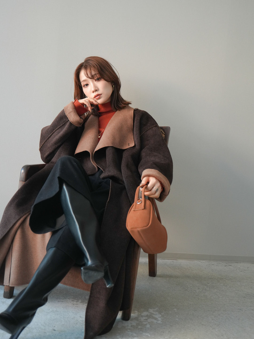 [予約]ダブルフェイスバイカラーロングコート/brown