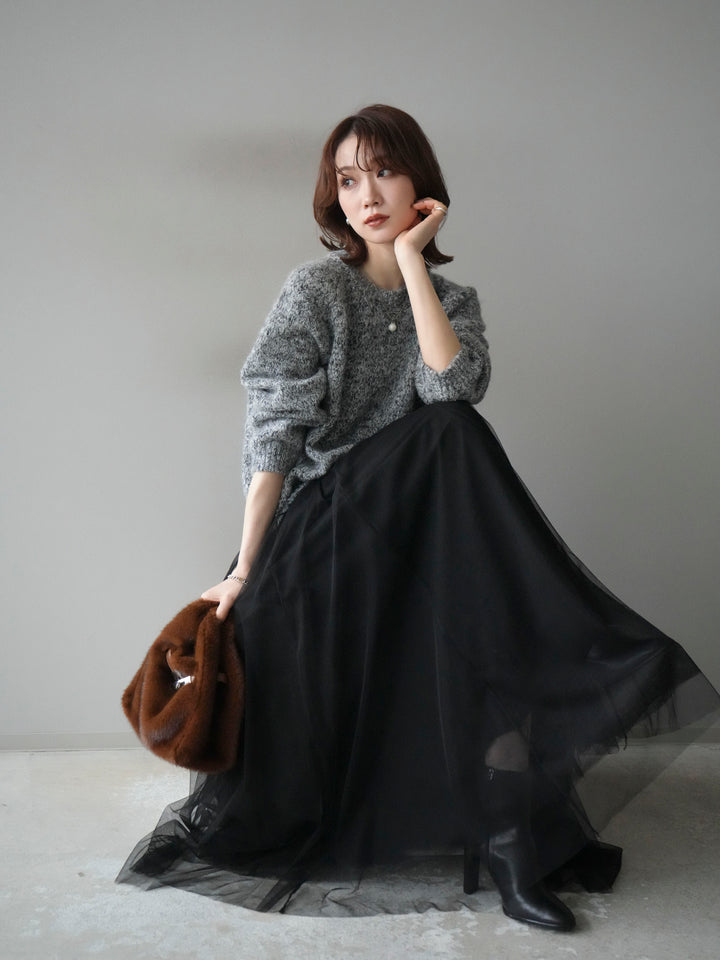 [SET]ロゴラベルミックスヤーンニットプルオーバー+チュールボリュームスカート(2set)