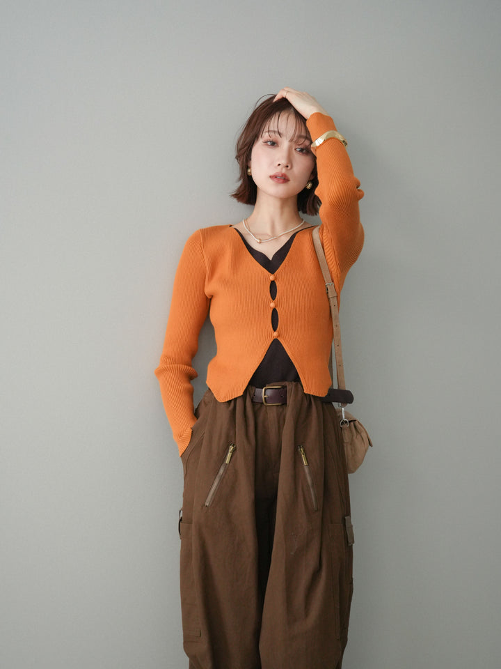 [予約]Vネック配色レイヤードスリットニットトップス/orange