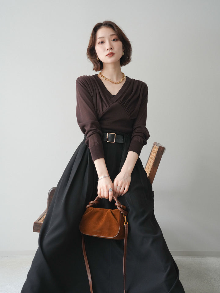 [予約]サイドギャザーVネックニットプルオーバー/brown