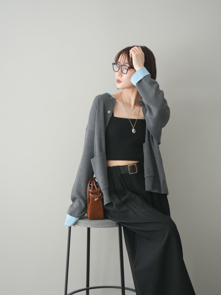 [SET]バイカラーオーバーニットカーディガン+タックベルトループワイドパンツ(2set)