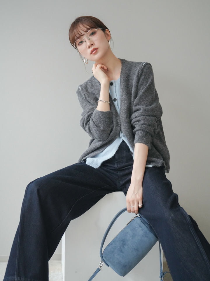 [予約]配色レイヤードニットカーディガン/gray