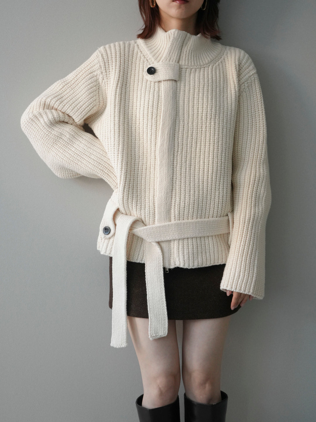 [予約]畦編みボトルネックZIPニットカーディガン/white