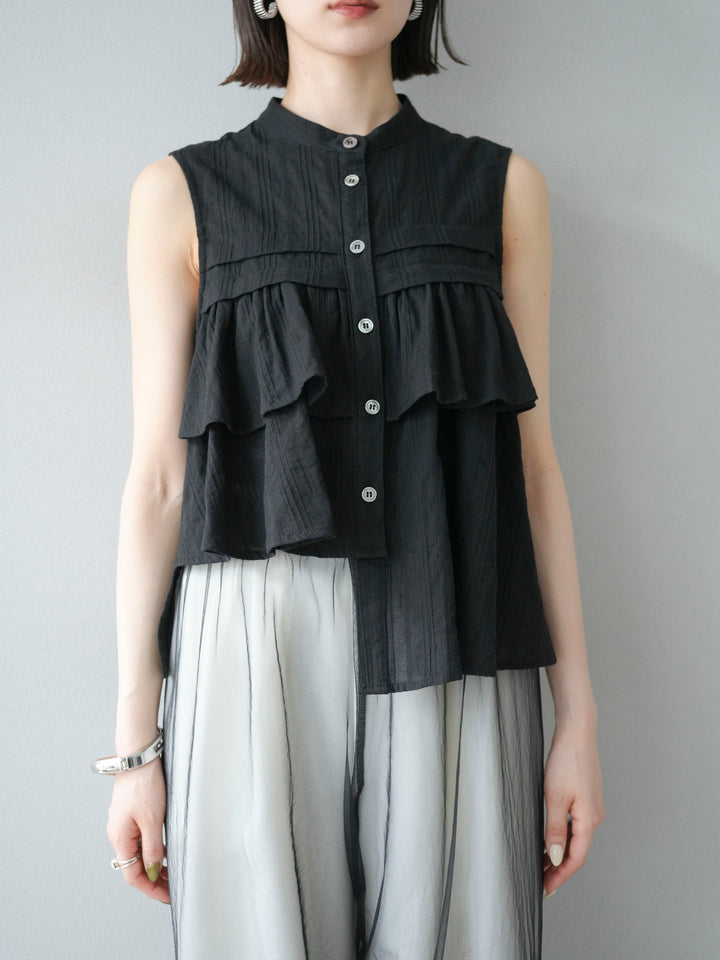 [予約]ドビーストライプアシンメトリーフリルノースリブラウス/ブラック