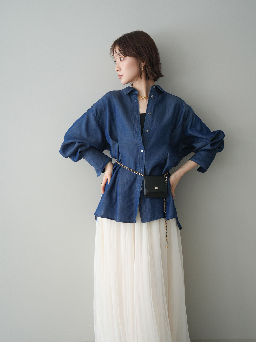 [SET]テンセルデニムタックシャツ+チュールボリュームスカート(2set)