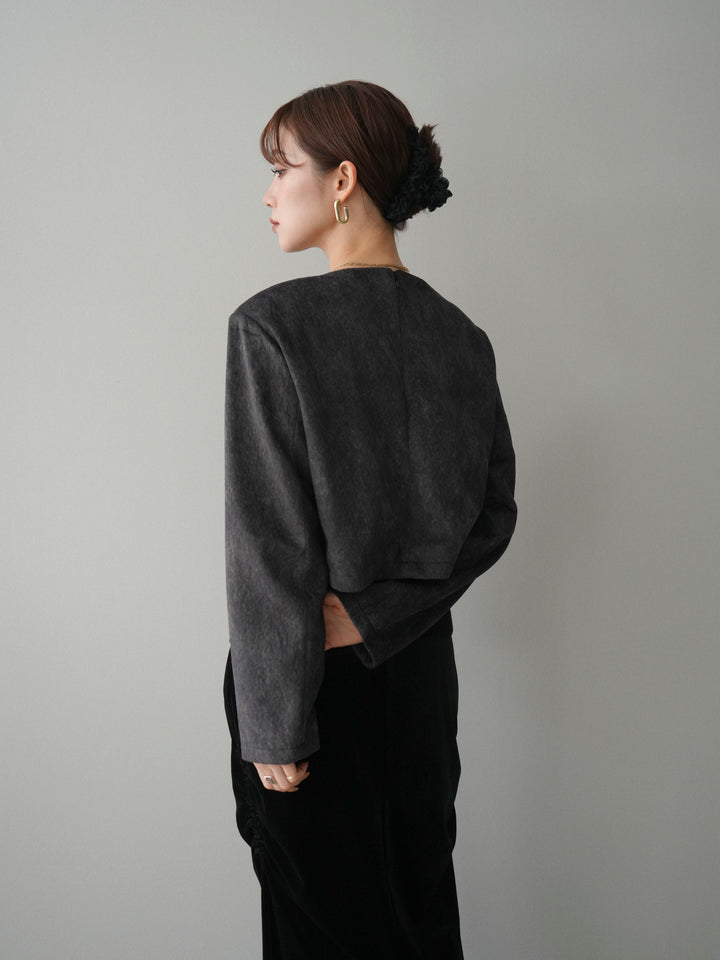 [予約]リブニットレイヤードスエードプルオーバー/charcoal