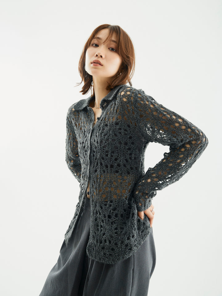 【Allure】[SET]ローゲージ透かし編みポロニッカーディガン+ローゲージ透かし編みポロニッカーディガン(2set)