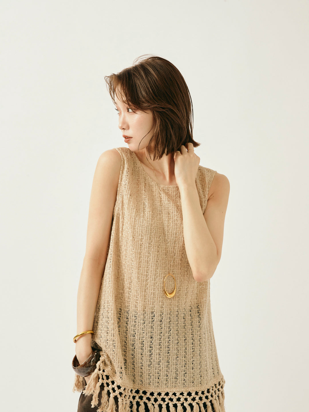 [予約]フリンジ透かし編みニットベスト/ベージュ