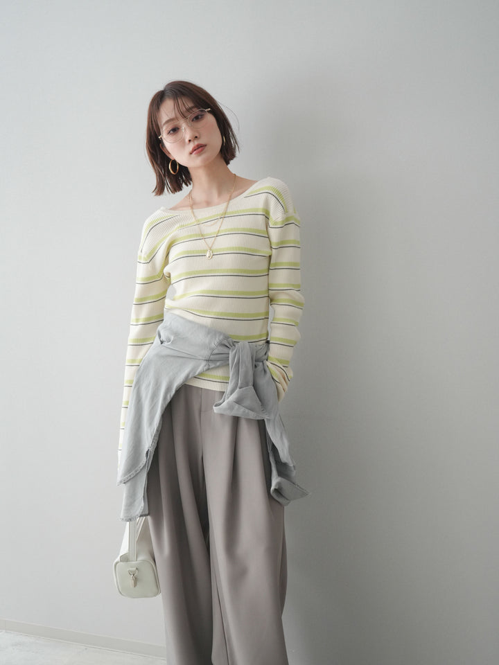 [予約]バックオープンテレコリブマルチボーダートップス/ivory