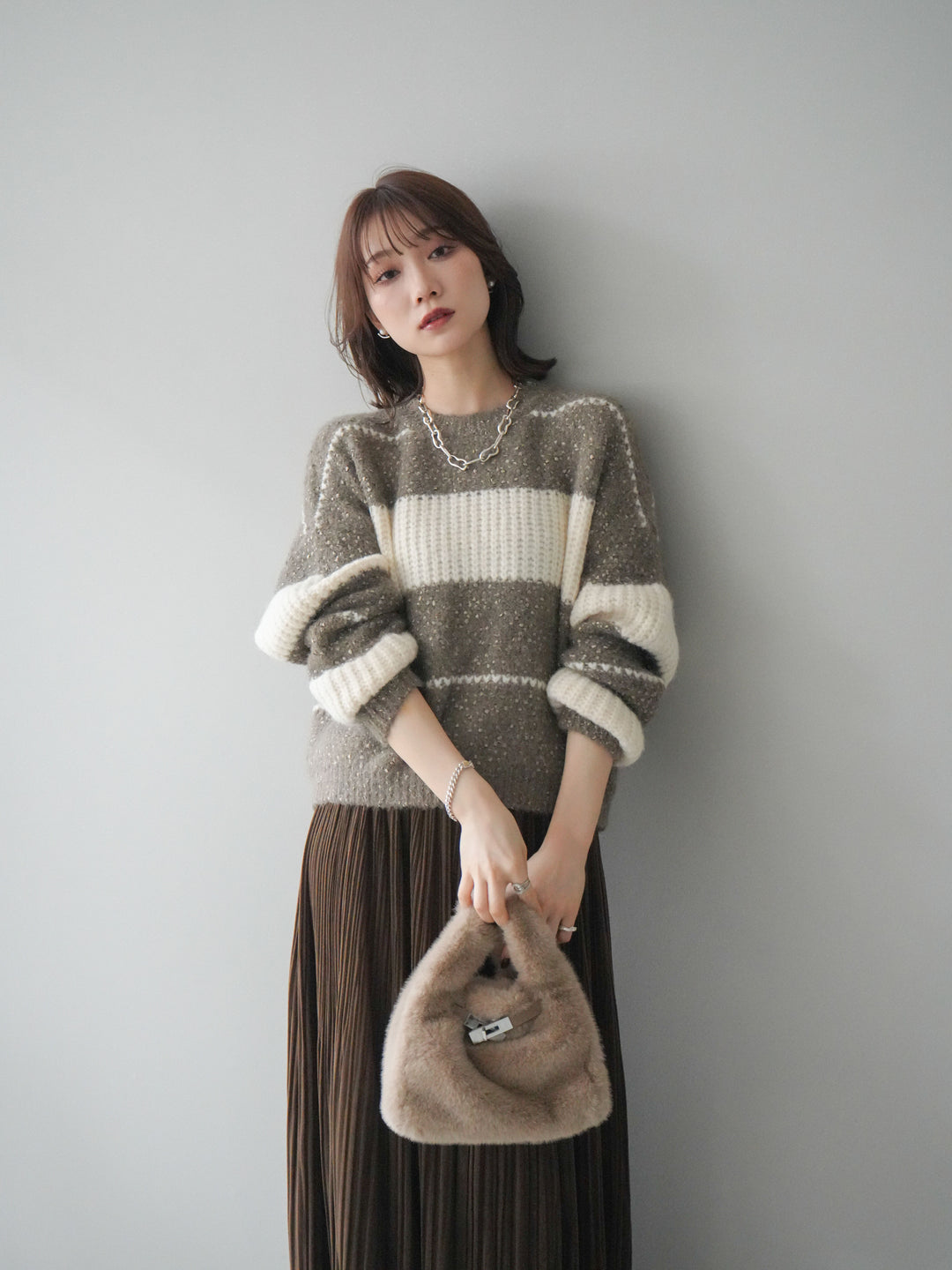 [SET]ネップヤーンボーダーニットプルオーバー+パンチングデザインスエードプリーツスカート(2set)