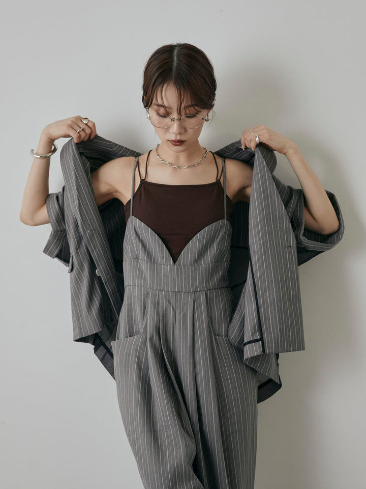 [予約]ヘリンボーンストライプサロペット/チャコール