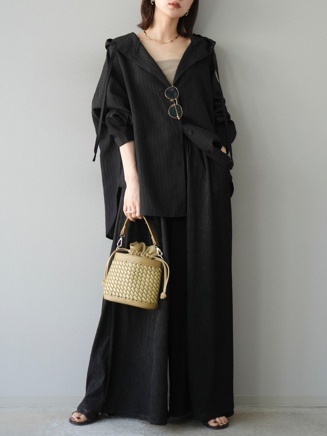 [予約]ワッシャーストライプフーディーシャツ/ブラック