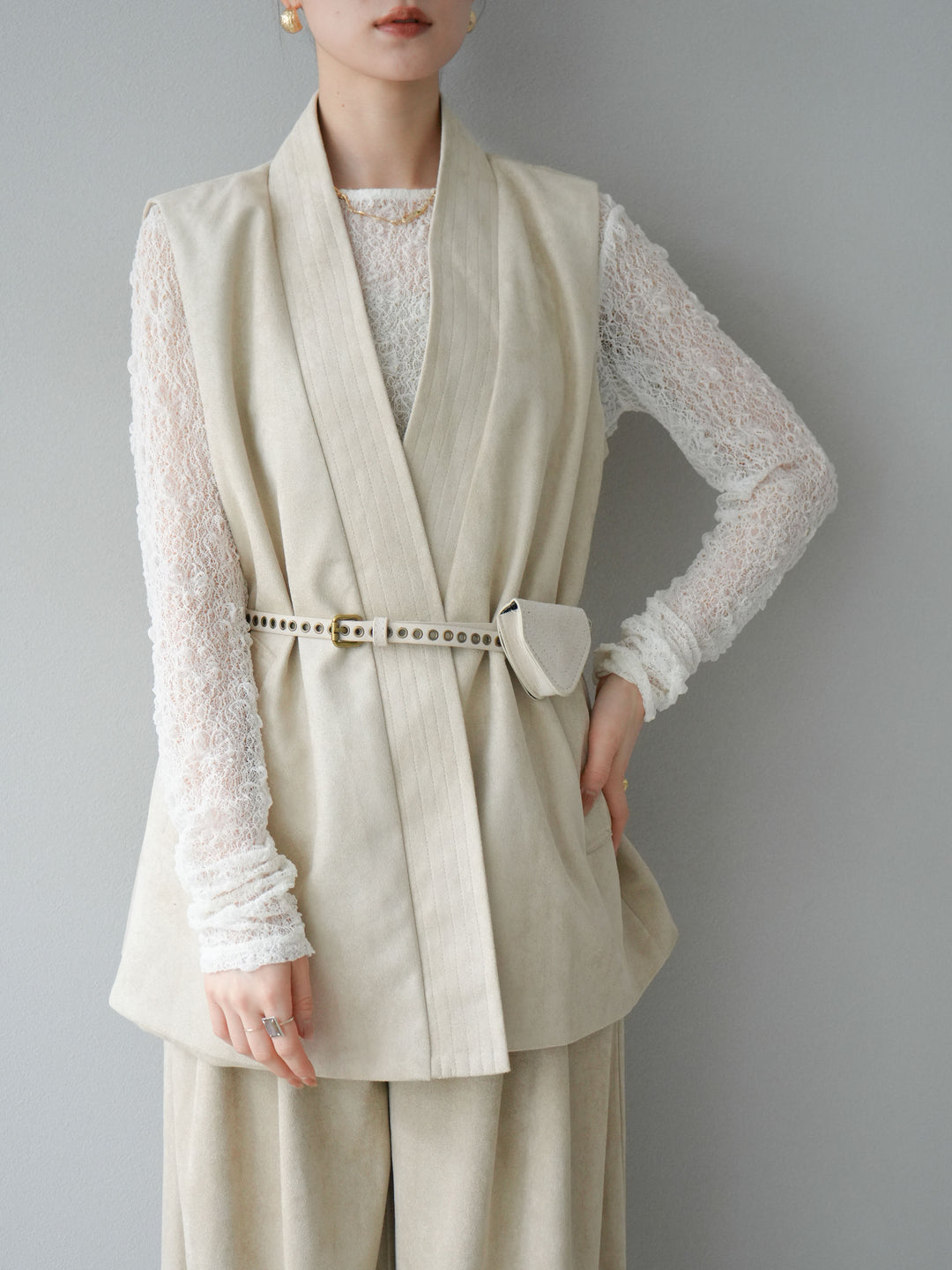 [SET]ポーチベルト付スウェードジレ×パンツSET UP(2set)