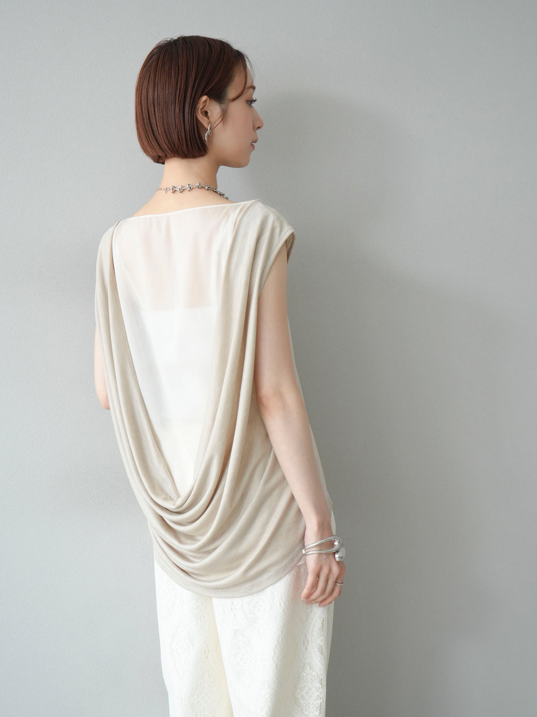 [預訂] 雙向透視層疊垂墜上衣/米色