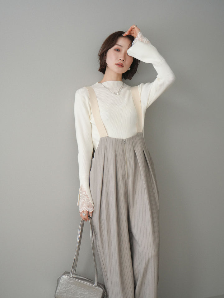 [SET]袖スカラップレースオフネックニットトップス+選べるアクセセット(2set)