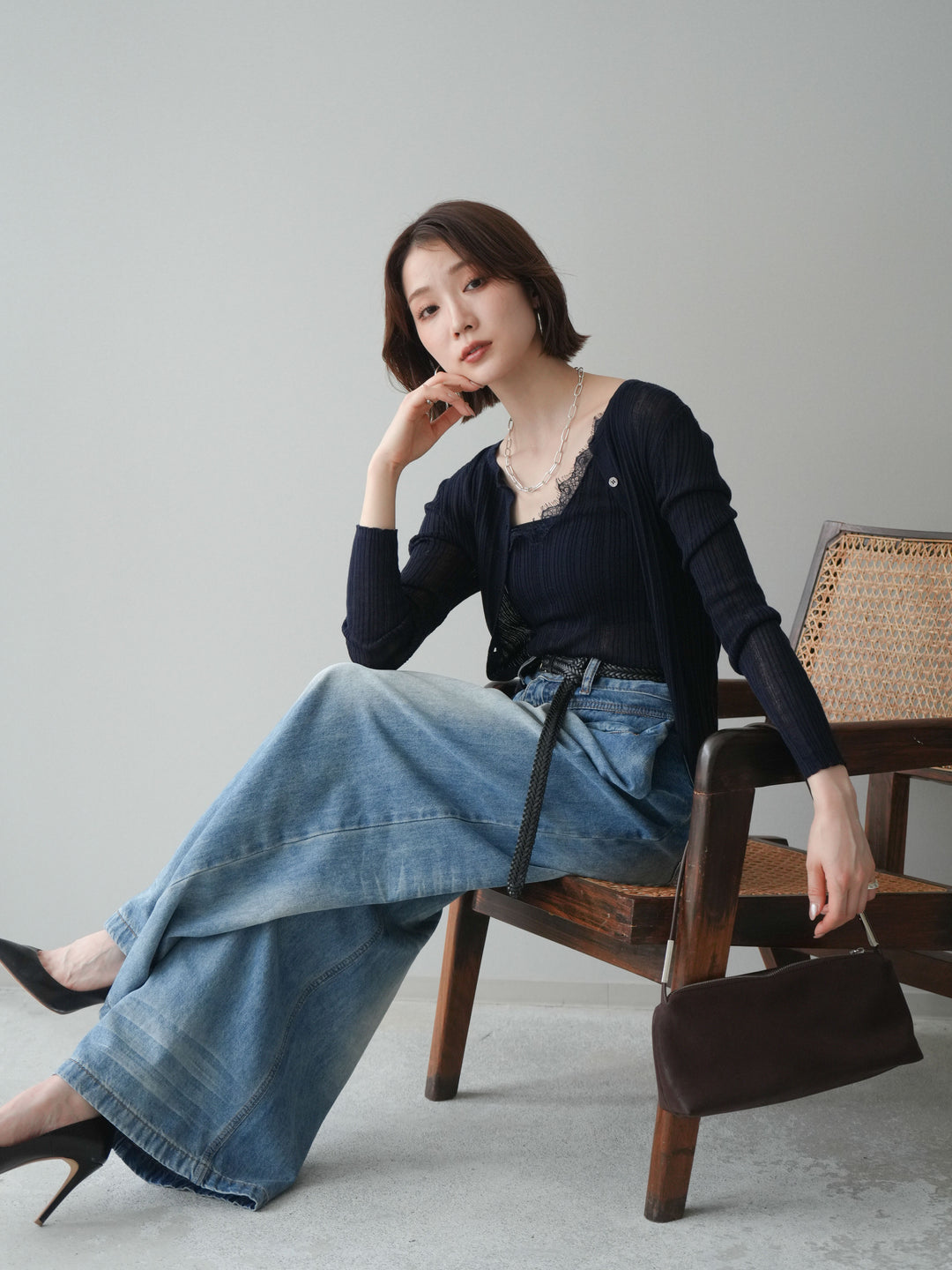 [予約]インナーレースキャミソール＆カーディガンアンサンブル/navy