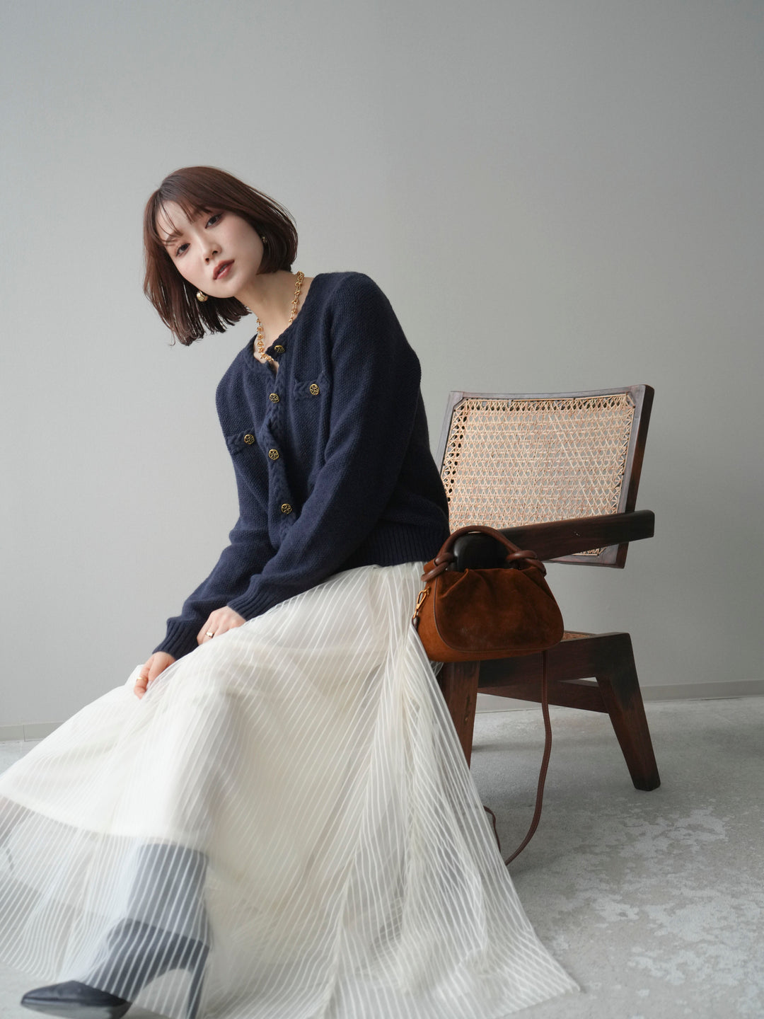 [SET]編みこみアンティークボタンニットカーディガン+チュールストライプボリュームスカート(2set)