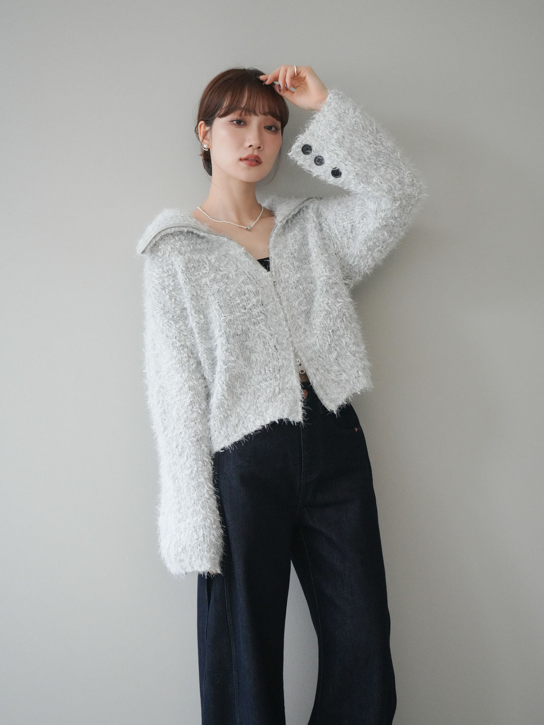 [予約]ミックスシャギージップニットカーディガン/ivory