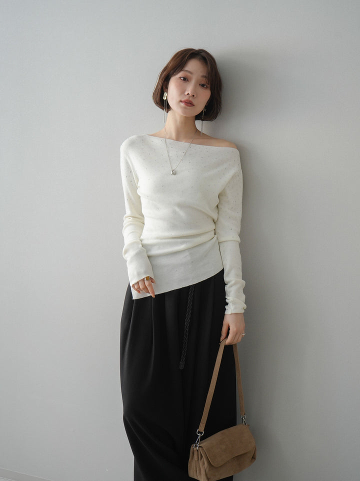 [予約]ラインストーンアシンメトリーニットトップス/ivory