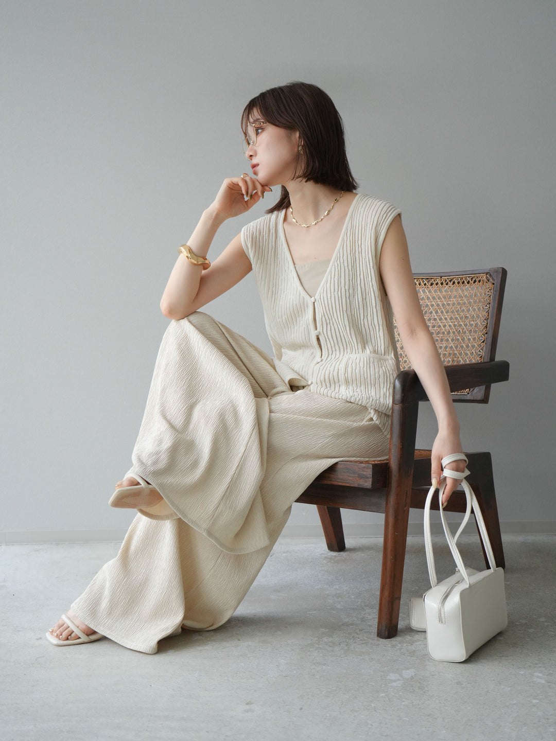 [SET] 波浪夏季針織背心+柳葉寬腿褲（2件套）