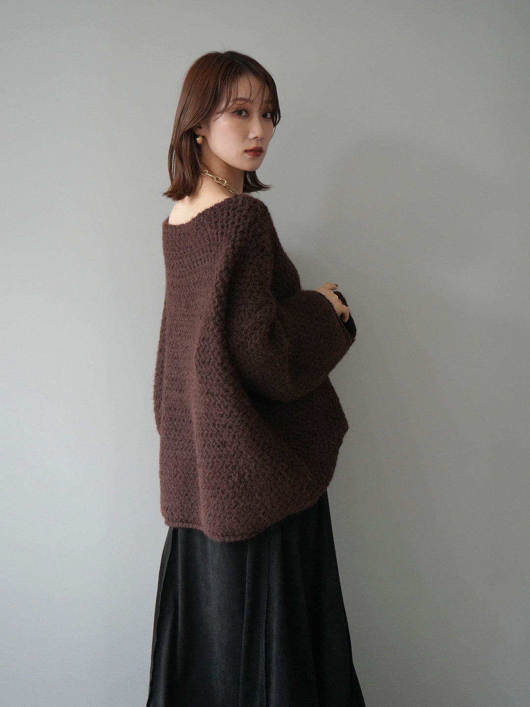 [予約]ワッフル編みオーバーニットプルオーバー/brown