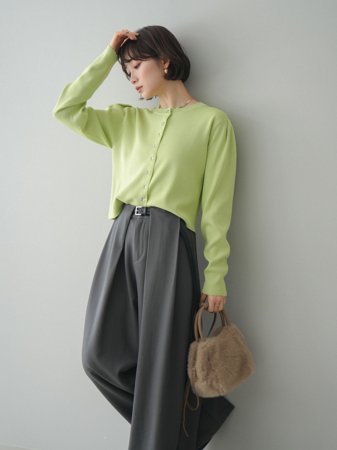 [SET]クリアボタンタックニットカーディガン+ベルトループデザインワイドパンツ(2set)