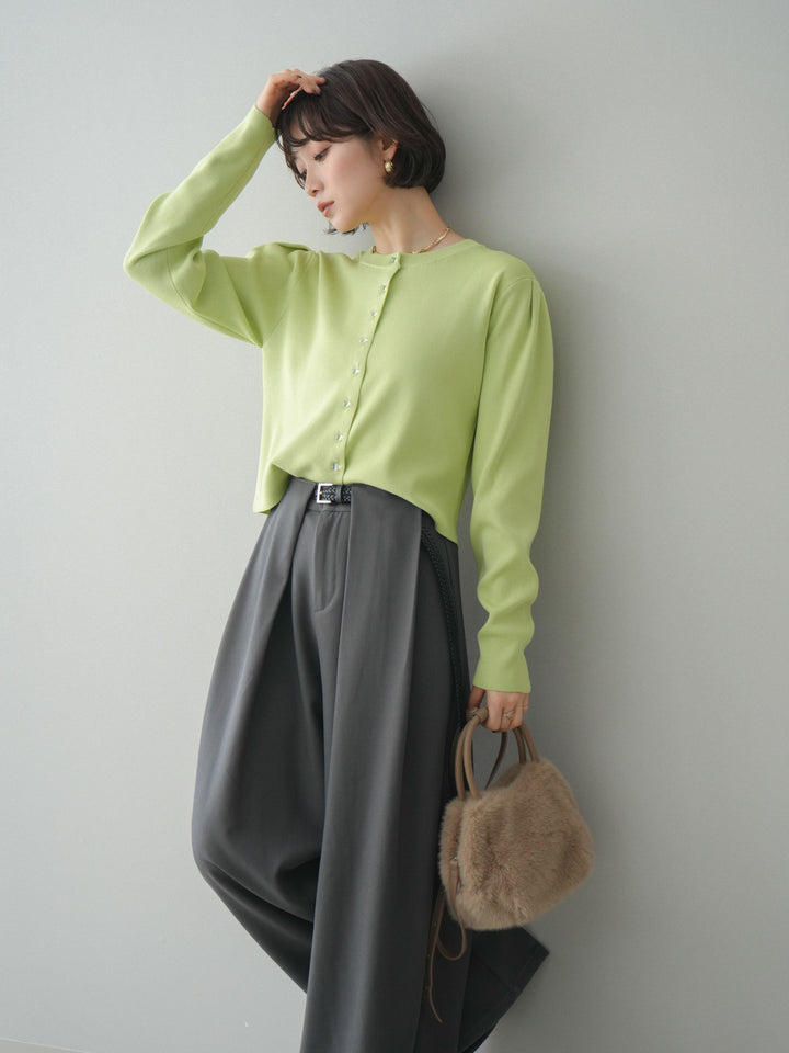 [SET]クリアボタンタックニットカーディガン+ベルトループデザインワイドパンツ(2set)