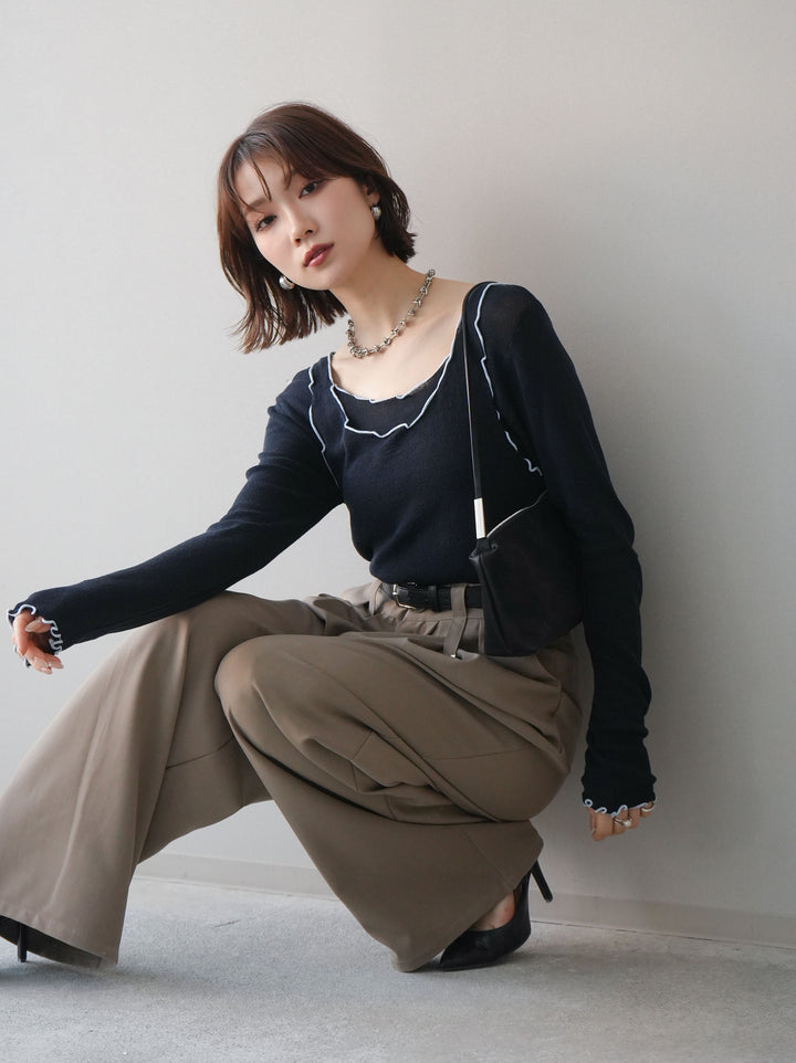 [SET]バイカラーメローアンサンブルシアーニットトップス+ベルト付キーホルダーモチーフワイドパンツ(2set)