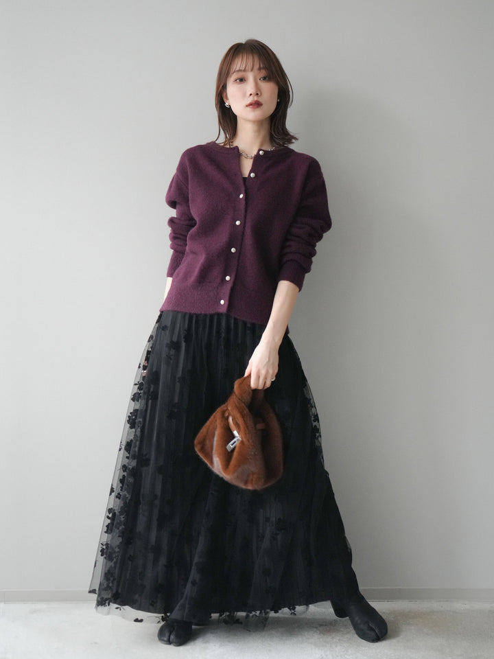 [SET]アンティークボタンニットカーディガン+フラワーフロッキーチュールプリーツスカート(2set)