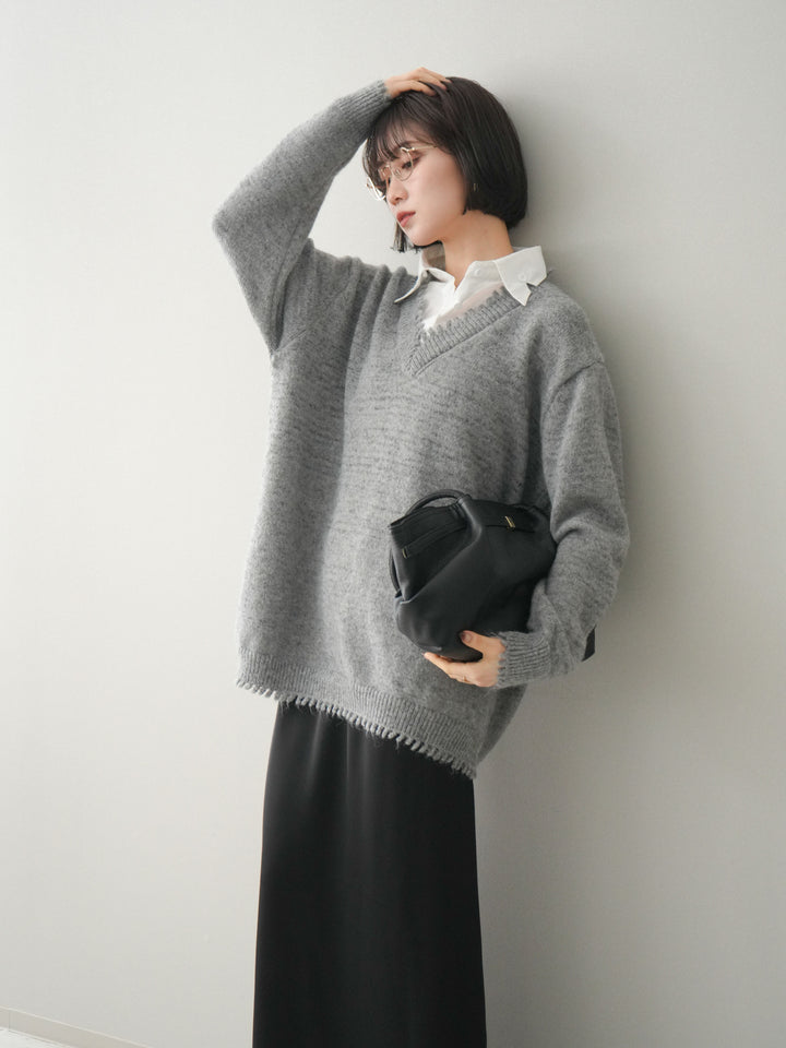 [予約]シャツドッキングVネックフリンジニットプルオーバー/gray