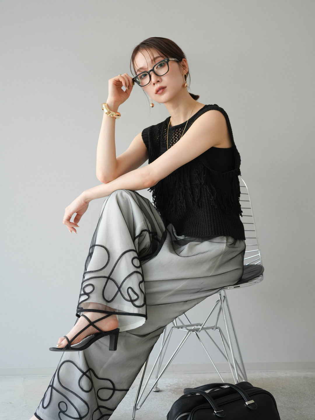 [SET]透かし編みフリンジニットトップス+コード刺繍チュールレイヤードパンツ(2set)