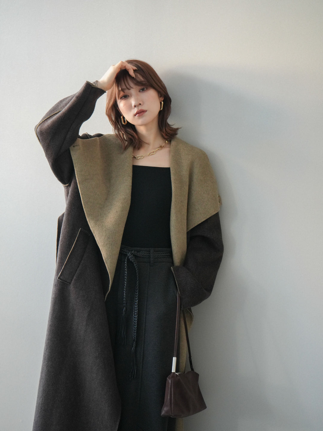 [予約]ダブルフェイスバイカラーロングコート/khaki