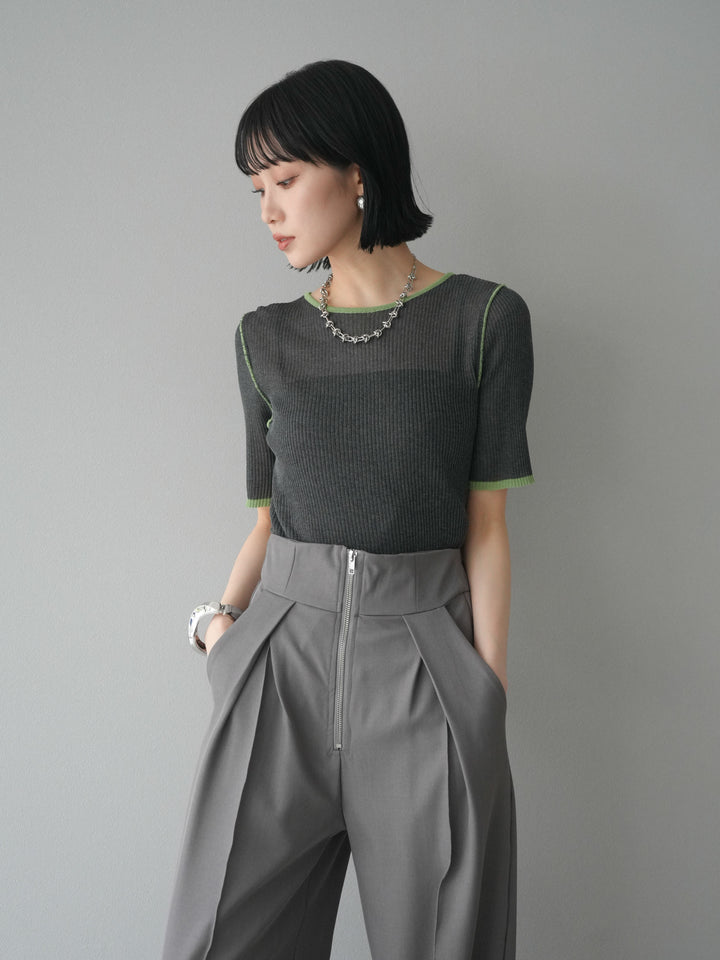 [予約]麻タッチ配色ニットハーフスリーブトップス/チャコール