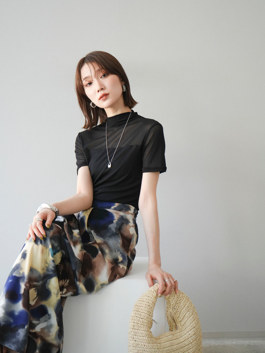 [SET] 透視半袖上衣 + 水彩印花褶襉I字裙 (2set)