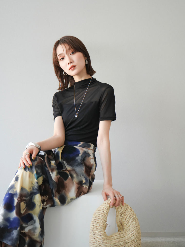 [SET] 透視半袖上衣 + 水彩印花褶襉I字裙 (2set)