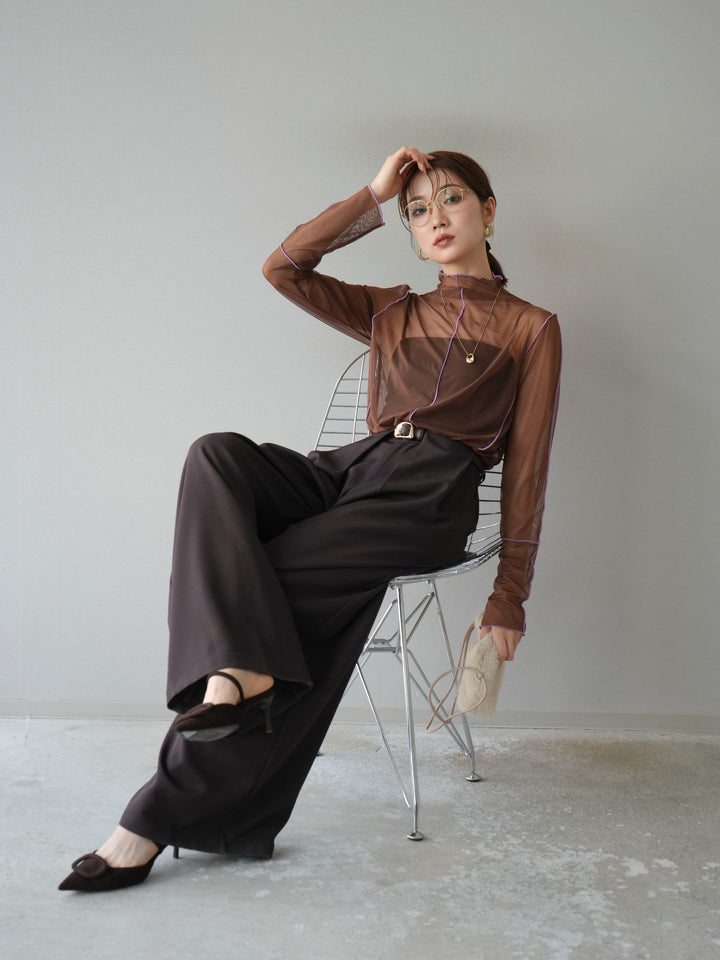 [予約]シアーパイピングカットソー/ダークブラウン×ラベンダー