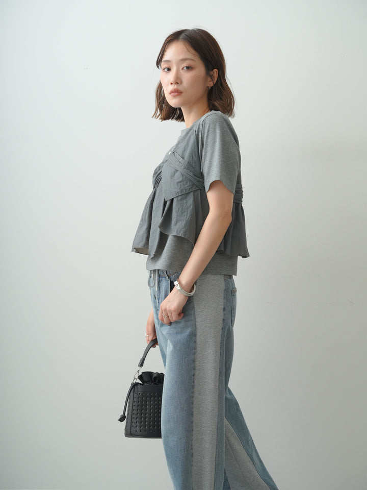 [SET]ナイロンドッキングツイストTEE +デニム切替スウェットパンツ(2set)
