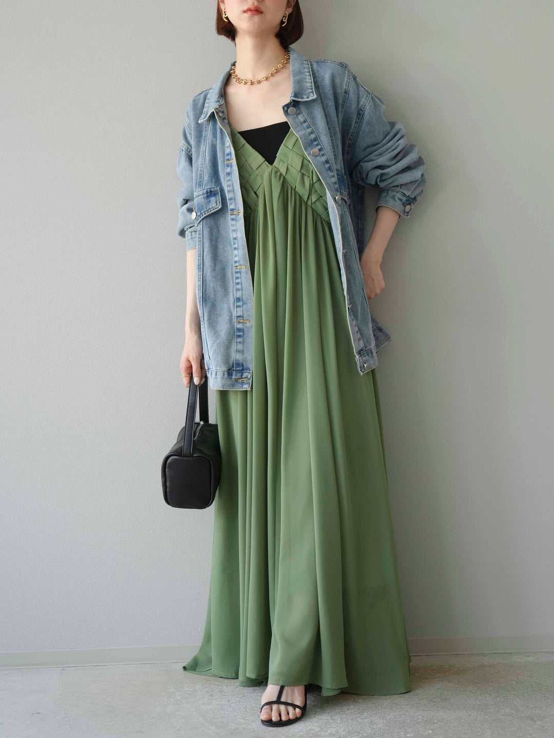 [予約]編み込みデザインシフォンワンピース/グリーン