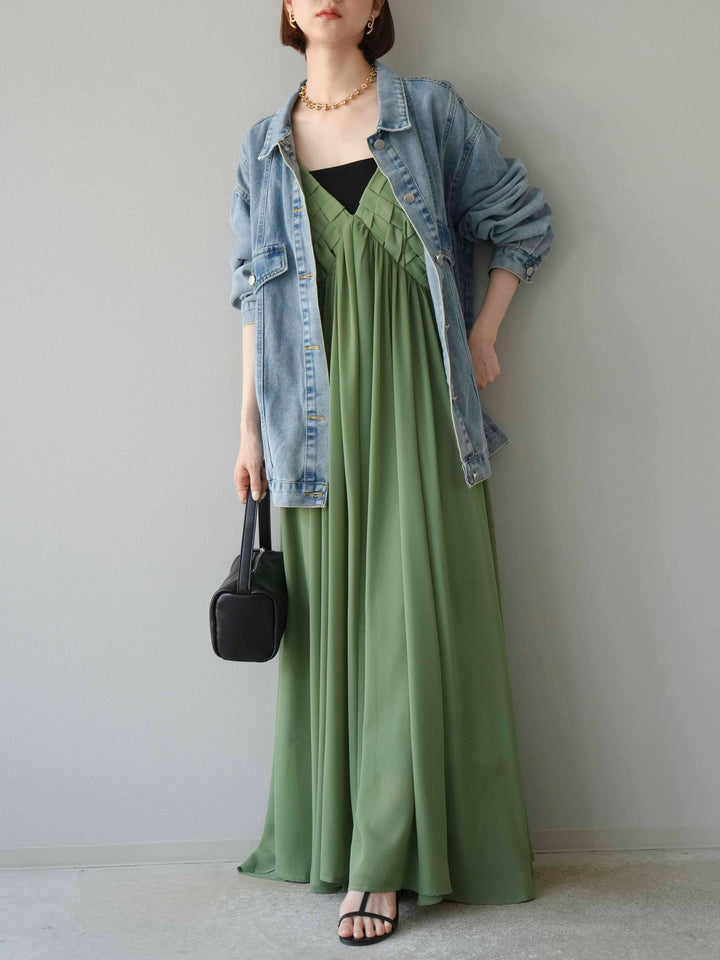 [予約]編み込みデザインシフォンワンピース/グリーン