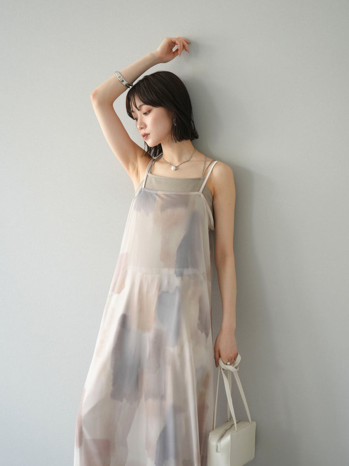 [SET]水彩アートシアーキャミワンピース+カップ付きバッククロスキャミソール(2set)