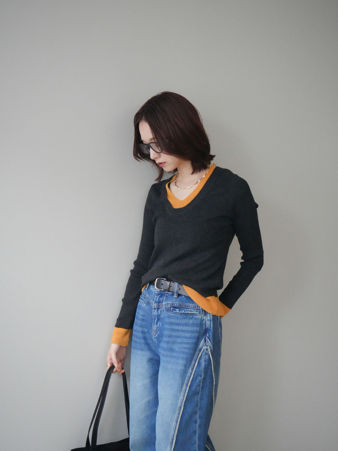 [SET]Uネック配色レイヤードリブニットトップス+サイドフリンジワイドデニムパンツ(2set)