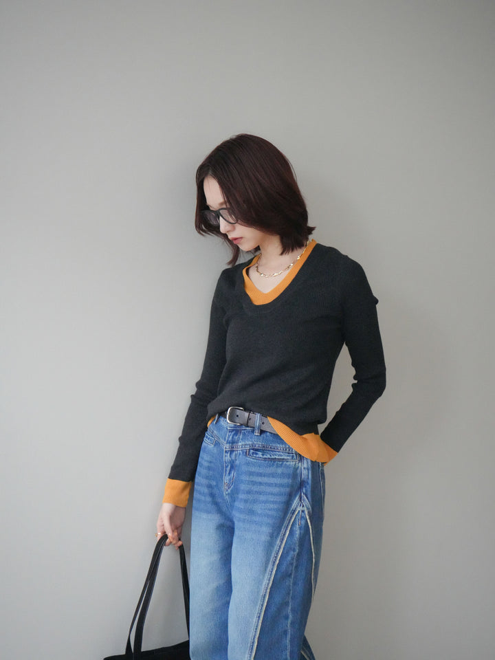 [SET]Uネック配色レイヤードリブニットトップス+サイドフリンジワイドデニムパンツ(2set)