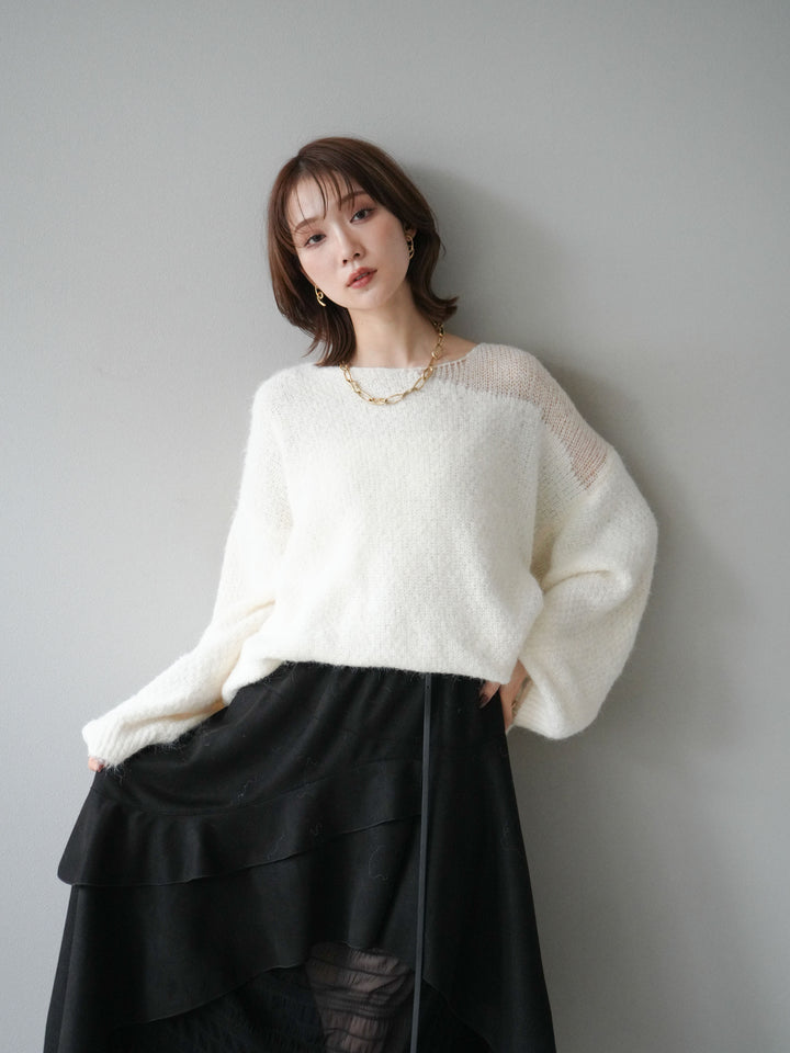 [予約]ネック透かし編みニットプルオーバー/ホワイト