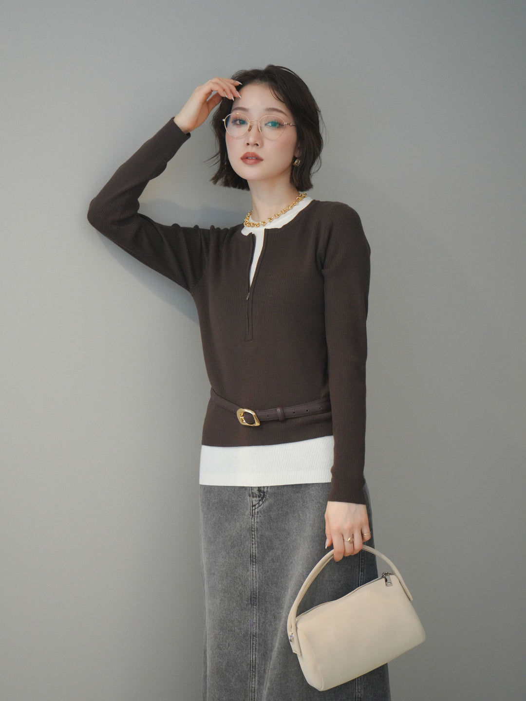 [予約]フロントジップ配色レイヤードニットトップス/choco